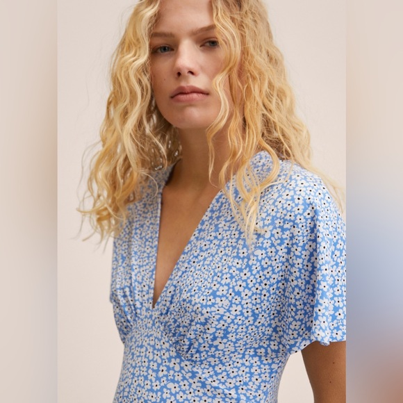 Mango MNG • NWT Blue & White Daisy XXL A Line V Neck Midi Dress Pleated Detail - Picture 4 of 11